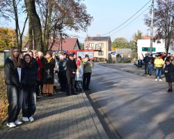 Uczestnicy wydarzenia na chodniku wzdłuż drogi